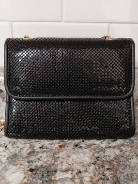 Whiting & Davis Black Mesh Evening Purse Handbag with Gold Chain